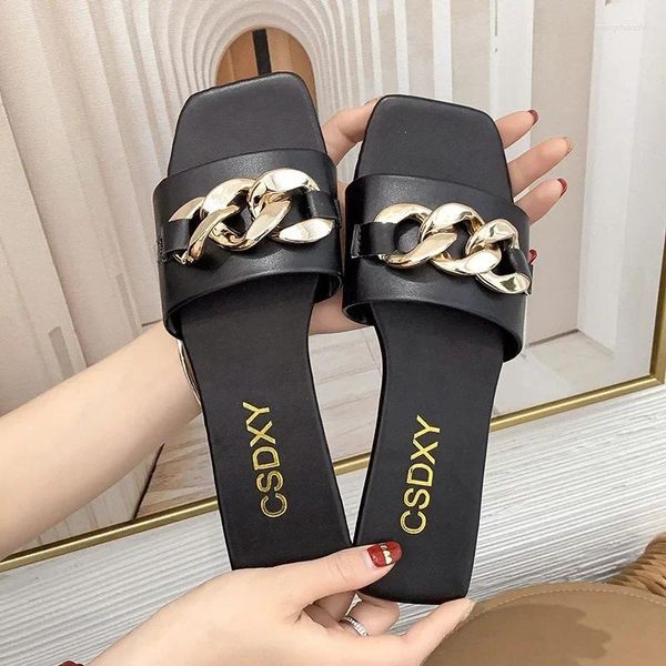 Slippers Fashion Fashion Femme Toe Toe Chain Flat Sandals Sandals Place Flip Flops Decoration Metal Decoration Casual Chaussures