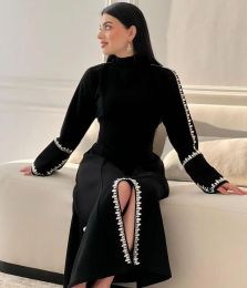 Slippers Fashionvane Black Front Slit Robes de bal Saudi Arabie Les femmes portent des strass de plaies longues