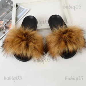 Pantoufles Fausse fourrure pantoufles maison fourrure diapositives maison été femmes chaussures moelleux en peluche dames sandales tongs plat extérieur Mule grande taille T231121