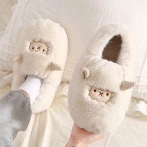 Pantoufles femelles chaussures de plancher de maison d'hiver dessin animé mignon petit mouton épaissis moelleux de coton chaud coton pantons de coton pantoufles à fourrure chaude