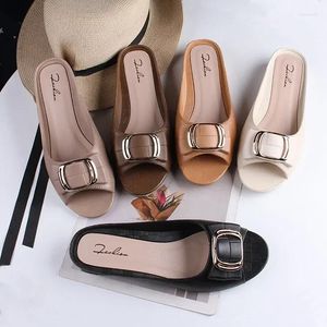 Slippers Vismond Vrouwen Zomer Vierkante Gesp Casual Peep Toe Strand Schoenen Dames Mode Platte Lage Hakken Sandalias De Mujer