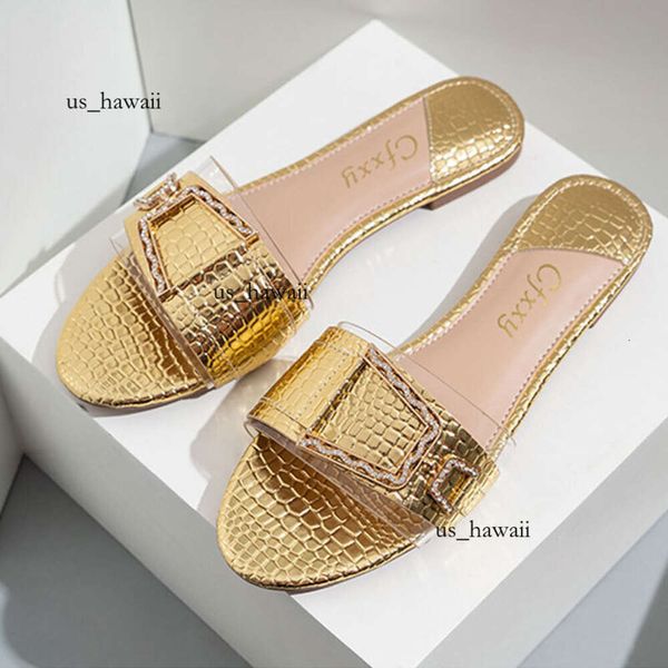 Zapatillas de tacón plano Sier Gold para mujer, zapatos deslizantes con hebilla, sandalias transparentes de playa para verano al aire libre, chanclas femeninas