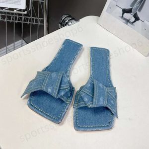 Slippers Platte hak Vierkante teen Slippers Dames Denim Doek Boog-Knoop Sandalen Zomer Comfort Vakantie Schoenen Dames Eenvoudige Sandalias 2024 nieuwe