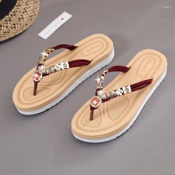 Slippers tongs flip flip-flop pour femmes chaussures de plage d'été sandales plates à l'extérieur de la maison en strass de maison non glissée