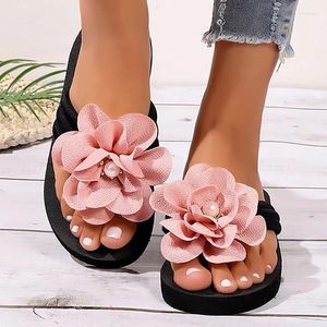 Slippers bloem parel slippers voor vrouwen 2024 zomerplatform clip teen vrouw casual slip-on wedge wig dia's sandalen plus maat 43