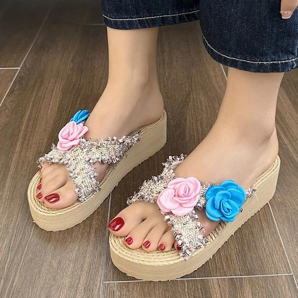 Zapatillas flor mujer cuñas zapatos casual acogedor 2024 sandalias de moda de verano tendencia vestido de playa chanclas caminar mujer diapositivas