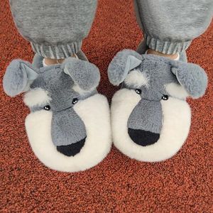 Pantoufles moelleuses Schnauzer pour femmes, mocassins réalistes avec animaux Fury, chaussures mules assorties pour la famille, toboggans d'intérieur pour chien