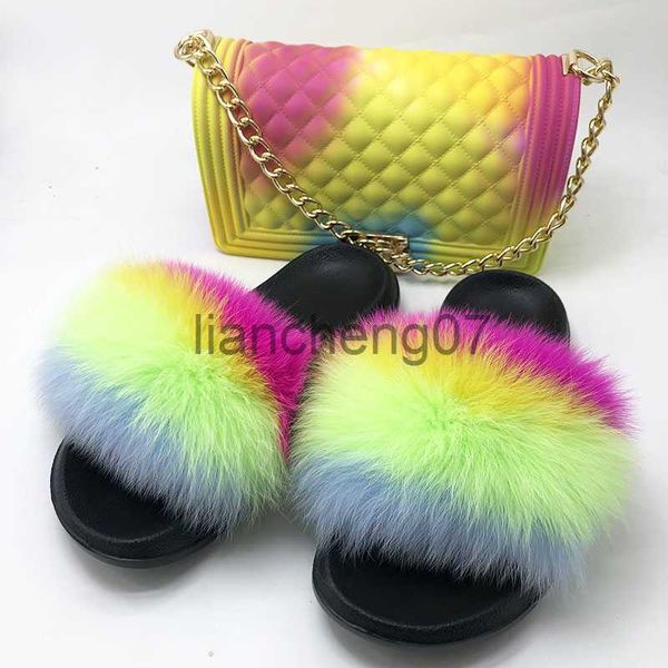 Pantoufles Fluffy Femmes Pantoufles De Fourrure Ensemble-Sac À Main Fourrure Véritable Fourrure De Renard Diapositives Chaussures Arc-En-Coloré Gelée Sac À Bandoulière Bonbons Bandoulière Sac À Main x0916