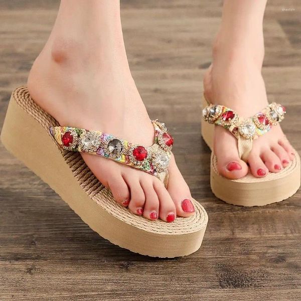 Zapatillas para mujer con diamantes de imitación, chanclas elegantes con plataforma de diseñador, sandalias de playa con cuña bonitas