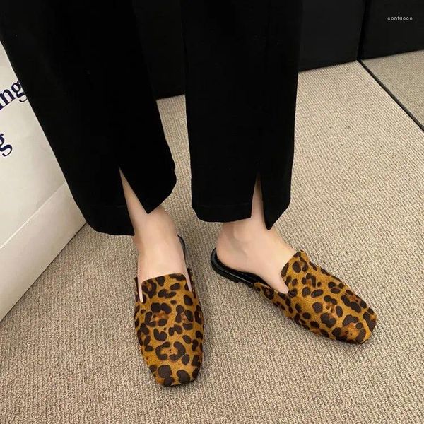 Pantoufles à bout carré imprimé léopard pour femmes, demi-galoshes extérieures décontractées, mode confortable, bouche peu profonde, Style Simple