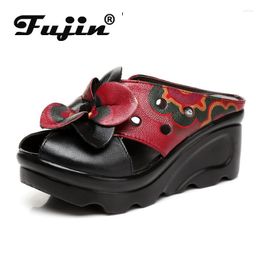 Zapatillas Fujin 7cm Cuero Genuino Peep Toe Slip On Pisos de moda Apliques Zapatos Mocasines Estampado étnico Verano Mujer Natural