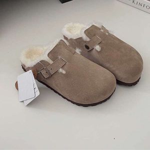 Slippers Bont Shearling Suede Boston Klompen Dames Sandaal Designer Schoenen Slip Op Platte Muilezel Wol Pluis Kurk Slides Mode Lederen Tas Head7896