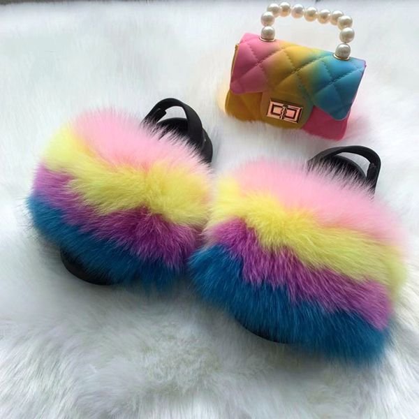 Pantoufles Diapositives de fourrure pour enfants Furry enfants réel fourrure pantoufles sangle moelleux raton laveur tongs bébé sandales filles mignon drôle chaussures enfant en bas âge 231024