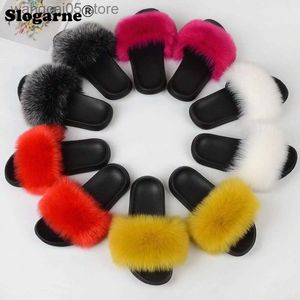 Slippers Fur Slippers Femmes 2023 Été Faux Fox Fourt Fourts Girls Filles Luxury Cool Home Chaussures extérieures Sandales à fourrure Sandales Sandales Tongs T230817