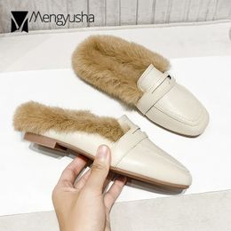 Slippers Fur Women Sqaure Cover Real Rabbit Toe Mules Low Flats Talons glisse Chauss