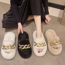 Zapatillas de piel para mujer Otoño Invierno Tamaño grande Moda Diapositivas de fondo grueso Inicio Open Toe Warm Women 230831