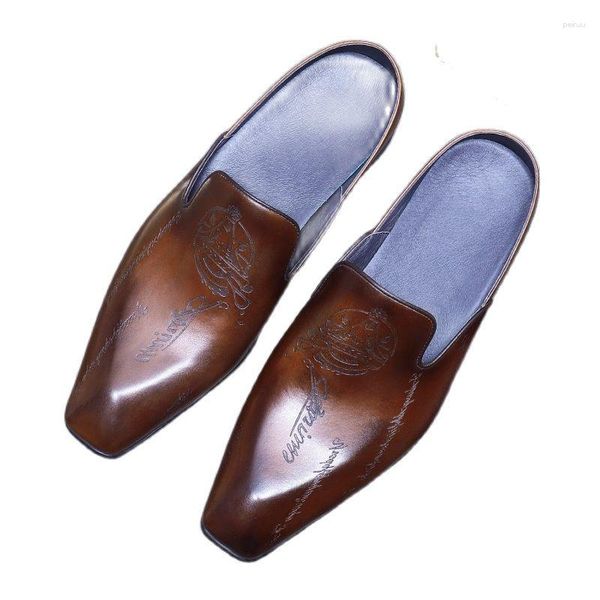 Zapatillas de cuero genuino, zapatos informales de negocios para hombres, broca de cuero de vaca, medio dedo del remolque, hecho a mano, Vintage 68880