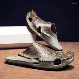 Slippers Véritable Men de cuir Slip on Crocodile Grain Style Summer Casual Chaussures Place extérieure non glissée