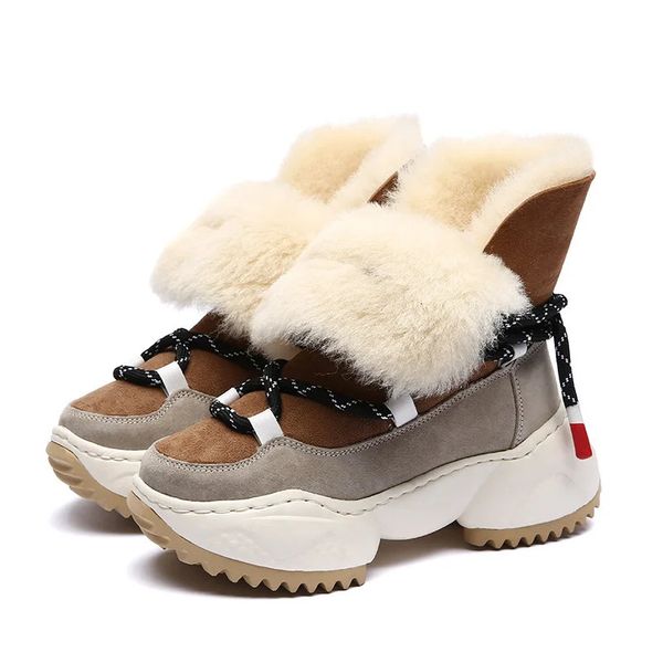 Pantoufles Véritable cuir neige femmes bottes hiver chaud laine fourrure cheville baskets haut haut plate-forme antidérapant luxe décontracté chaussures de sport 231129