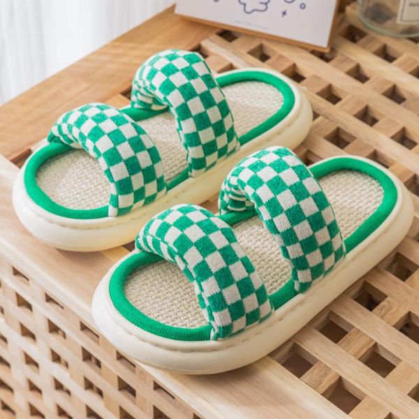 Zapatillas Gingham para mujer, zapatos planos para suelo de interior, cómodas zapatillas antideslizantes para el hogar, zapatillas de lino y lino, zapatillas deslizantes de algodón para casa para hombre y mujer Unisex