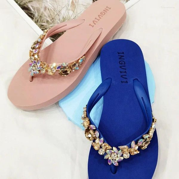 Zapatillas Glitter Flip Flop Women Summer 2024 Fashion Fashion Rhinestone Chain Wedge Playa Flat Sandals