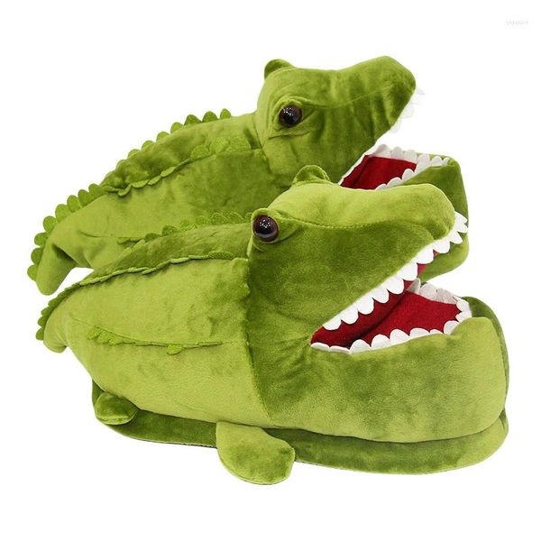 Pantoufles vertes en forme de Crocodile, chaussures d'intérieur chaudes et antidérapantes en peluche pour l'hiver