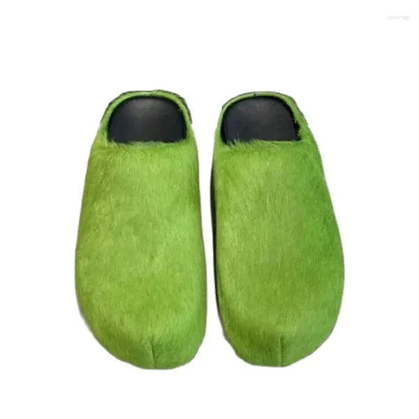 Slippers Green Horsehair Femmes Mule Round Fermed Toe Slip-On Leisure Casual Flat Tlides Multicolor Couple Taille Sandales Mujer