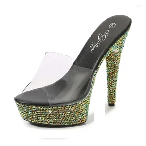 Slippers Green Rhingestone Summer Transparent Diamond Sandales Nightclub Talons hauts High Sexy Party Walk Bling Chaussures