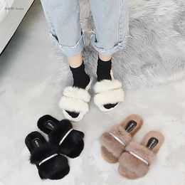 Zapatillas para mujeres peludas2024autumnia y moda invernal de moda plana con fondo de fondo cómodo
