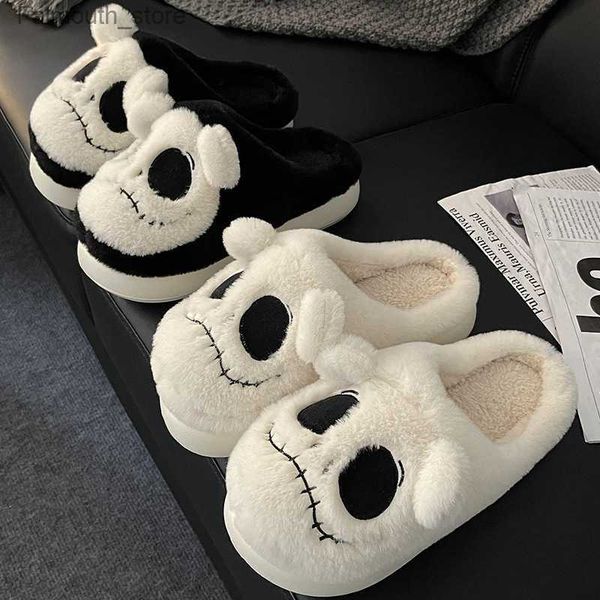 Pantoufles Halloween pantoufles moelleuses pantoufles de coton femmes homme hiver maison crâne mignon drôle couple extérieur créateurs de mode chaussures Q230909