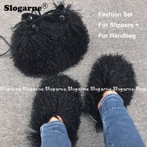 Slippers handtassen mode b8159 dames sets vrouw faux bont set glijbanen harige tas portemonnee portemonnee schoenen plus maat 49 230901 ry