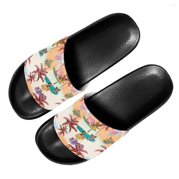 Zapatillas de estilo hawaiano con estampado de hojas florales para mujer, baño en casa, antideslizantes, para hombre, para playa al aire libre, sandalias para vadear
