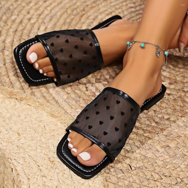 Zapatillas Corazón Mesh Summer Women 2024 Tendencia al aire libre Sandalias planas de chanclas Diseño Damas zapatos Negro Plus Tamaño 36-43