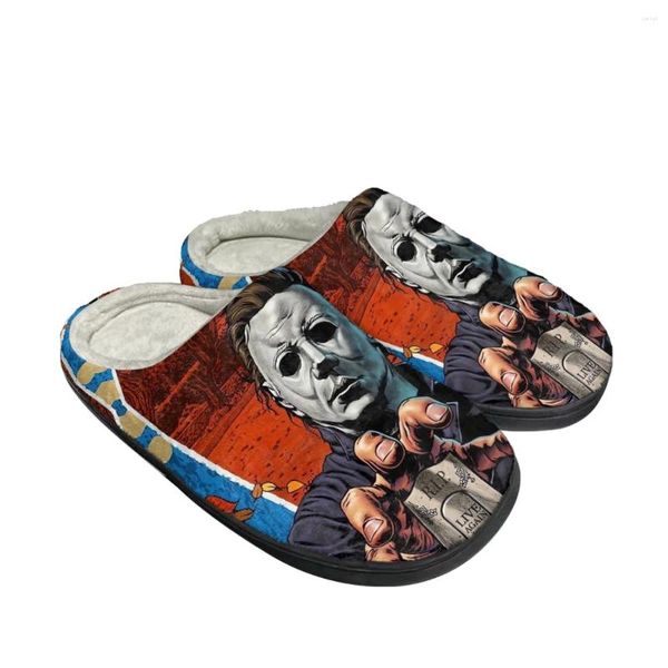 Slippers Horror Movie Cartoon Michael Myers Pattern Femme Automne d'hiver Round Toe Cotton Slipper Comfort Keep Warm Plance Chaussures