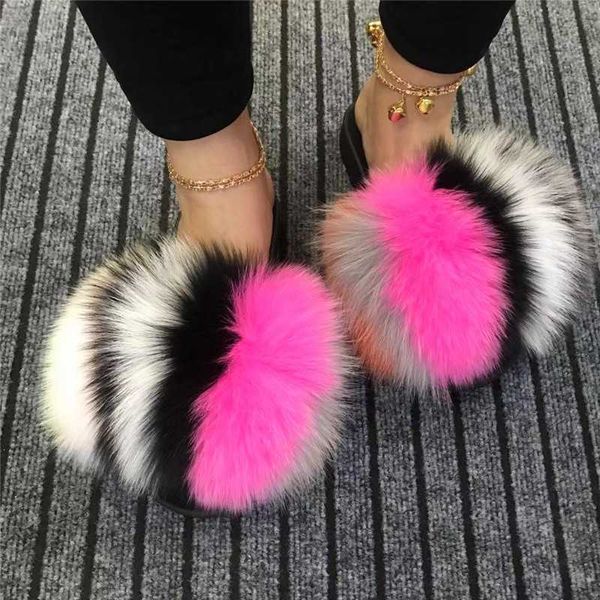 Zapatillas Mujer Caliente Casual Chanclas de playa Señoras Fluffy Piel de mapache Diapositivas Coloridos Zapatos de felpa suave Mujeres Zapatillas de piel de zorro Venta al por mayor L230717