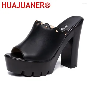 Pantoufles HUAJUANER Toe Plus Taille 32-43 Bloc Talons Plate-forme Chaussures Femme Été Super Haute Diapositives En Cuir Femmes