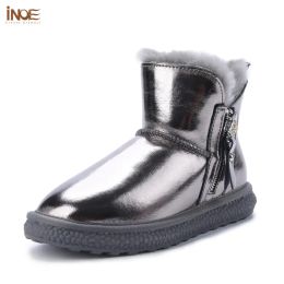 Pantoufles inoe mode femmes moutons naturels moutons bornes d'hiver doublées de neige en cuir réels chaussures chaudes décontractées appartements imperméables avec zipper noir