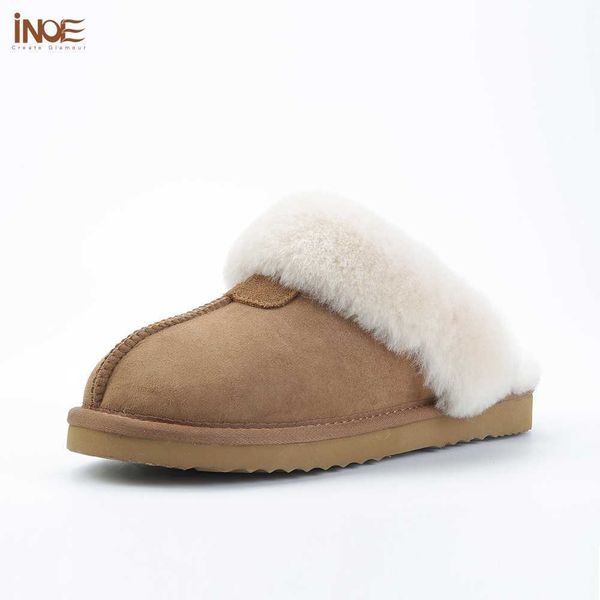 Pantoufles INOE Véritable Peau De Mouton Daim Cuir Fourrure De Mouton Naturel Laine Doublée Femmes Hiver Pantoufles Maison Intérieur Maison Chaussures Chaud Demi Styles X230519