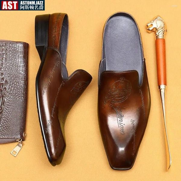 Zapatillas italianas lujo para hombre de cuero genuino medio zapatos vestidos 2024 sandalias de negocios vintage de calidad de diseño de estilo de verano