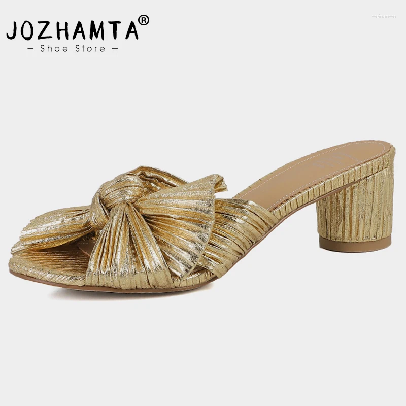 Slippers JOZHAMTA Size 34-40 Slides Sandals Women Gold Bow Chunky High Heels Shoes For Summer 2024 Peep Toe Mule