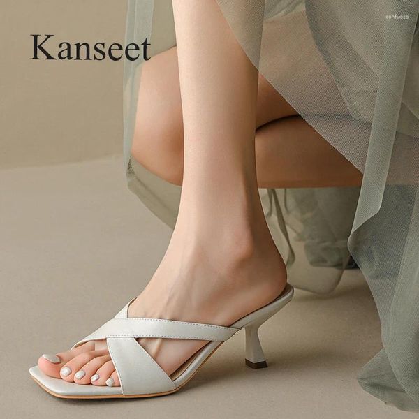 Slippers Kanseet Concise Women Square Toe Open Toed High Heel Shoes Handmade 2024 Robe d'été Footwes Femme Female Beige