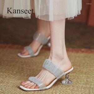 Slippers Kanseet Chaussures 2024 Summer Net Yarn Design Square Toe Party Robe Crystal Heels Femme femme plus taille 43