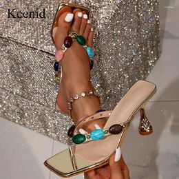 Pantoufles kcenid couleurs de mode joyau de joyeuse tongs femmes femmes carrés de carré mules sandales talons hauts chaussures de banquet de mariage à bout ouvert
