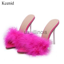 Slippers Kcenid Zomer Nieuwe Sexy Veer Vrouw Slippers Transparant Perspex Hoge Hakken Stiletto Peep Toe Muilezels Lady Slides Schoenen rose J230613