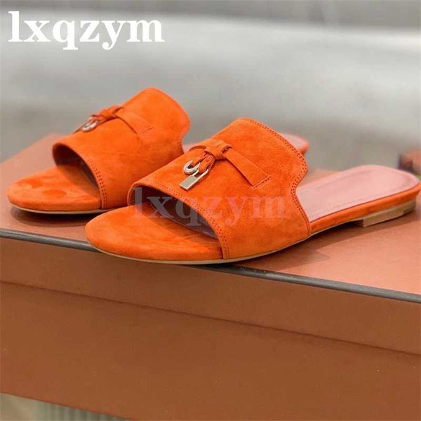 Pantoufles Enfant Daim Mule Pantoufles Pour Femmes Pantoufles Plates Peep Toe Métal Serrure Décor D'été Plage Vacances Chaussures Femme Sandales Diapositives X230519