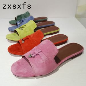 Slippels Kid Suede Mules Metal Lock Decorate Sexy Slip On Peep Teen Flat Shoes For Women Casual Glaides Ladies Summer 230417