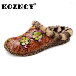 Slippers Koznoy 3cm etnische appliques Bloemschapenvachtleer Winter Plush Warm Women Flats Leisure Slip op vrouwtjes Luxe schoenen