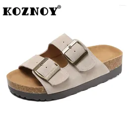 Slippers Koznoy 4cm koe suede echt lederen comfortabele flats nieuwigheid vrouwen moccassin slipper sandalen etnische zomer peep teen loafers schoenen