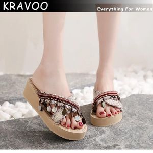 Slippers Kravoo Platform Damesschoenen Wedges Vrouwelijke Cross Strap Shell Casual Sandals Ethnic Ladies Slipper Beach Peep Toe 2024