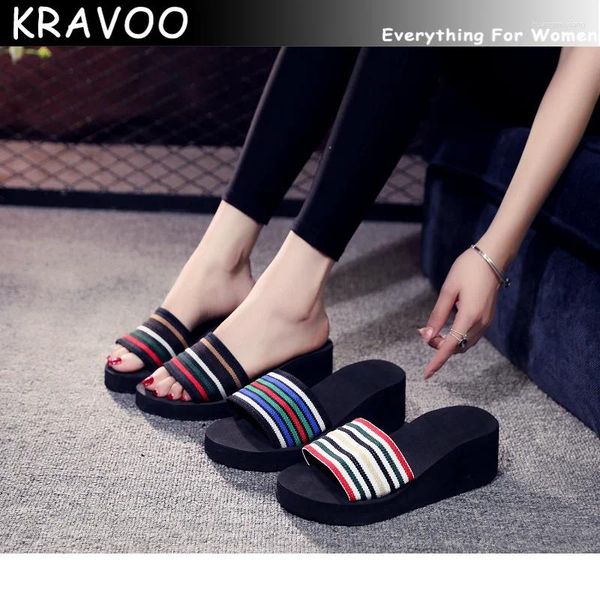 Slippers Kravoo Chaussures pour femmes plate-forme meesh coins sandales couleurs mélangées à rayures à rayures Peep toe décontractée de plage de plage de plage